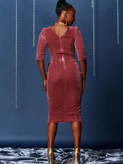 3/4 Sleeve Tie Detail Velvet Midi Dress, Pink