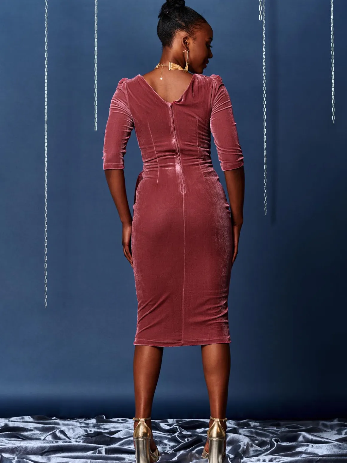 3/4 Sleeve Tie Detail Velvet Midi Dress, Pink