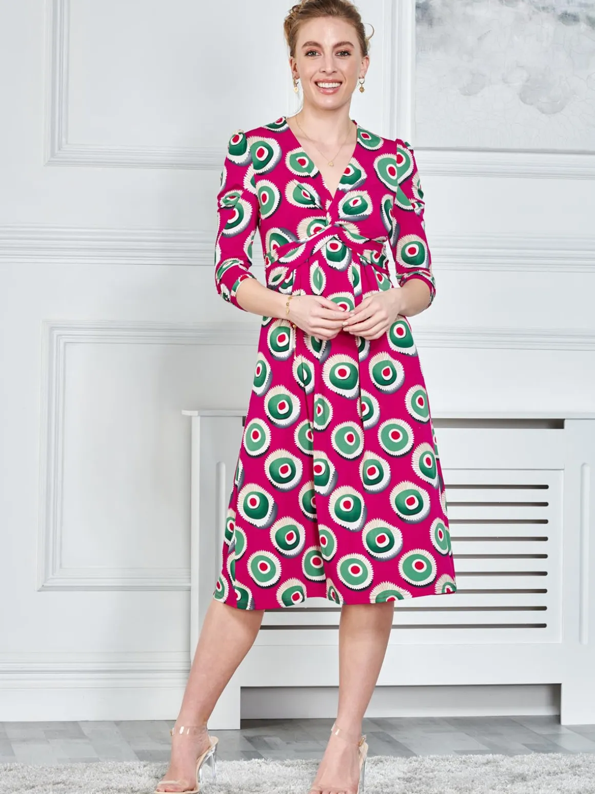 3/4 Sleeve Twisted Knot Jersey Dress, Plum