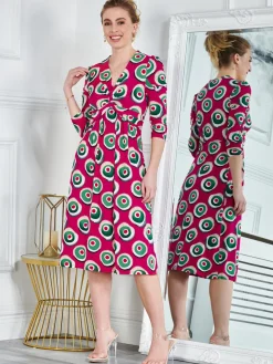 3/4 Sleeve Twisted Knot Jersey Dress, Plum