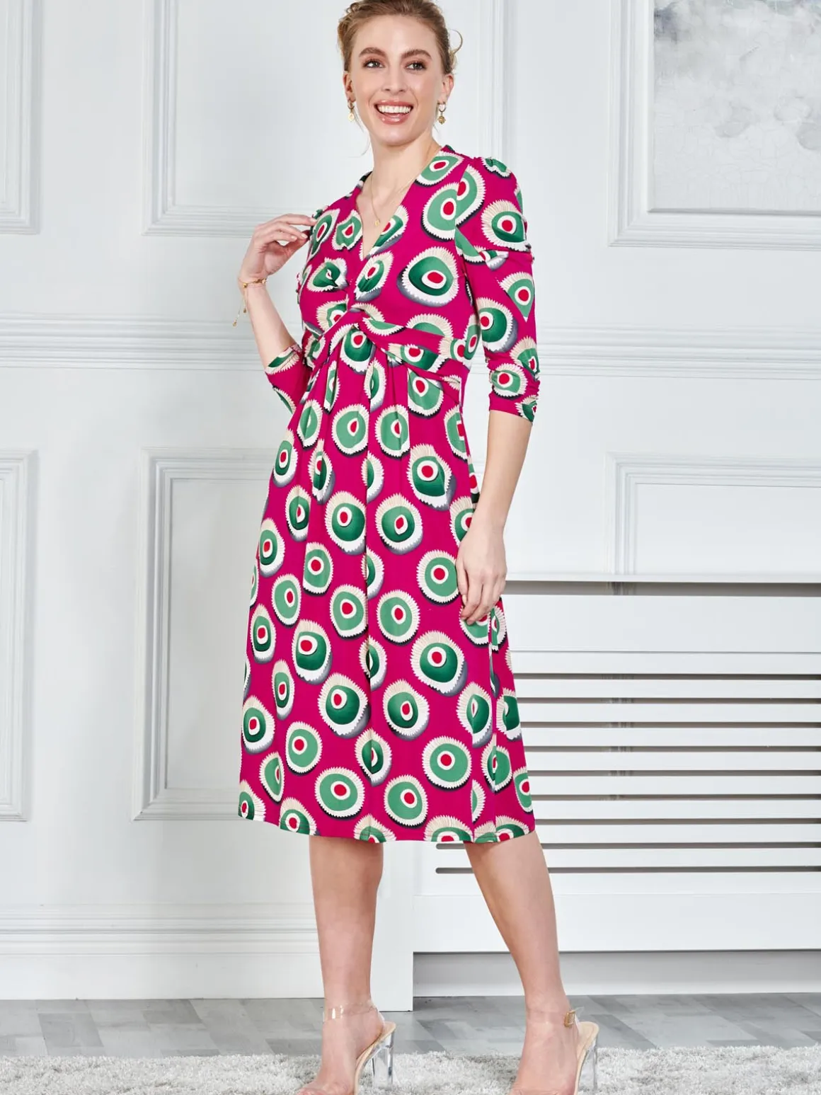 3/4 Sleeve Twisted Knot Jersey Dress, Plum