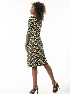 3/4 Sleeve Twisted Knot Jersey Dress, Teal Geo