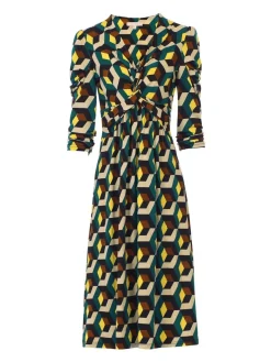 3/4 Sleeve Twisted Knot Jersey Dress, Teal Geo
