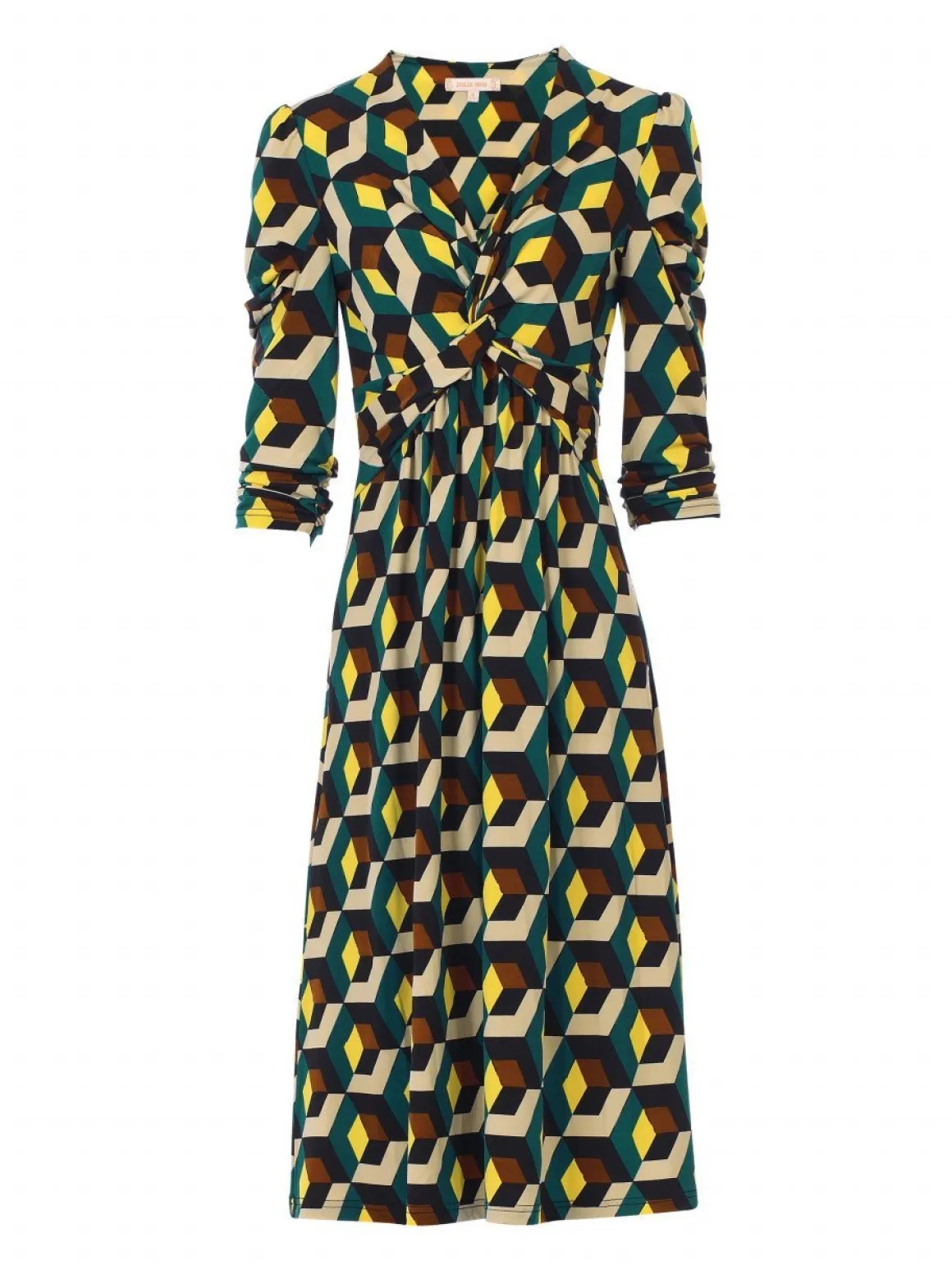 3/4 Sleeve Twisted Knot Jersey Dress, Teal Geo