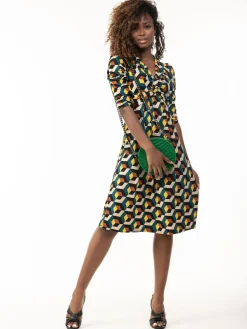 3/4 Sleeve Twisted Knot Jersey Dress, Teal Geo