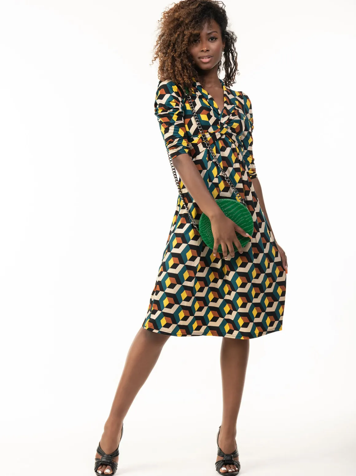 3/4 Sleeve Twisted Knot Jersey Dress, Teal Geo