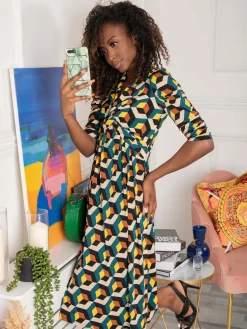 3/4 Sleeve Twisted Knot Jersey Dress, Teal Geo