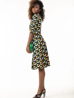3/4 Sleeve Twisted Knot Jersey Dress, Teal Geo