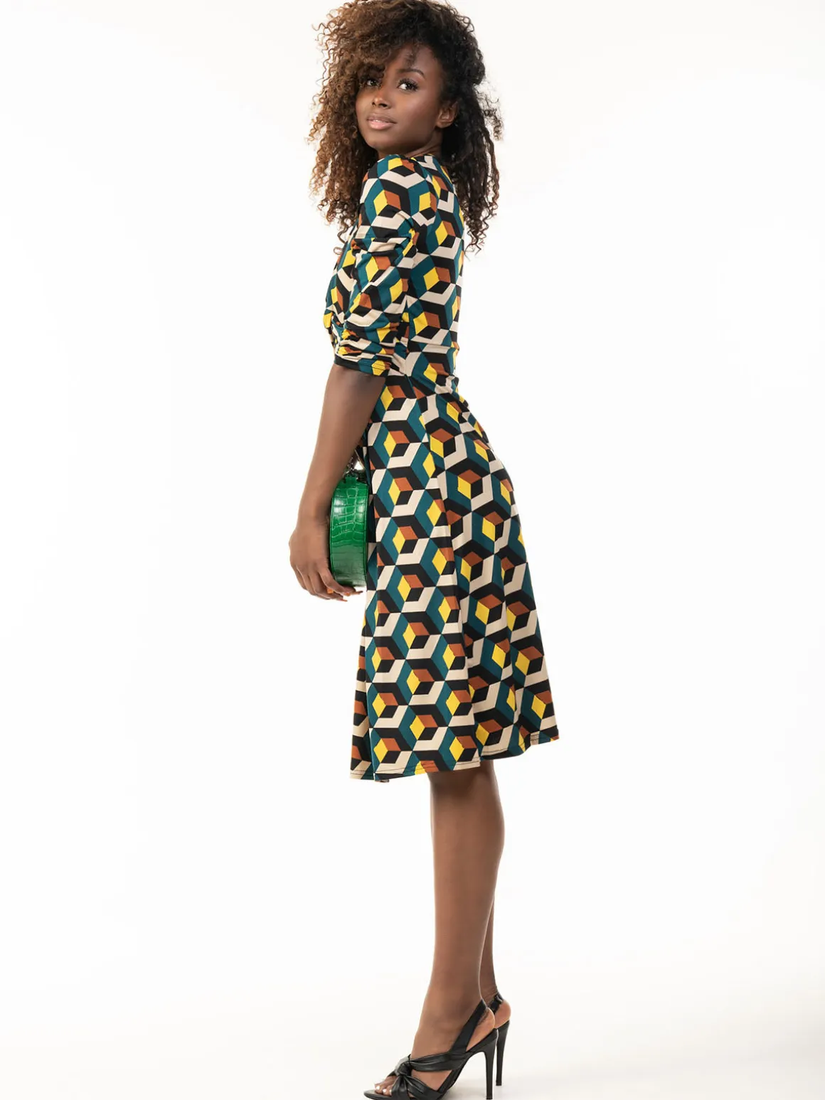 3/4 Sleeve Twisted Knot Jersey Dress, Teal Geo