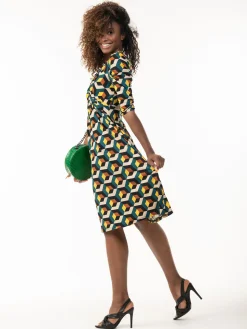 3/4 Sleeve Twisted Knot Jersey Dress, Teal Geo