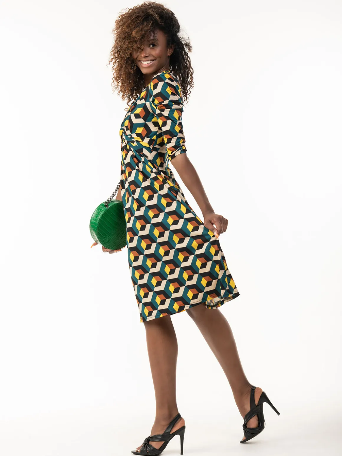 3/4 Sleeve Twisted Knot Jersey Dress, Teal Geo