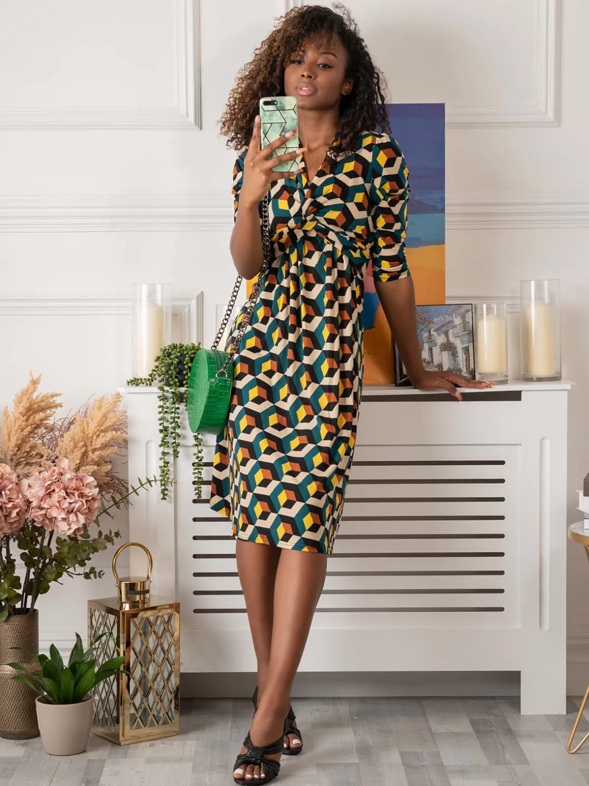 3/4 Sleeve Twisted Knot Jersey Dress, Teal Geo