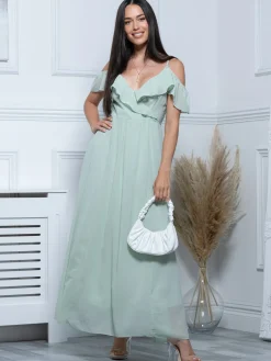 Spaghetti-Strap Ruffle Maxi Dress, Mist