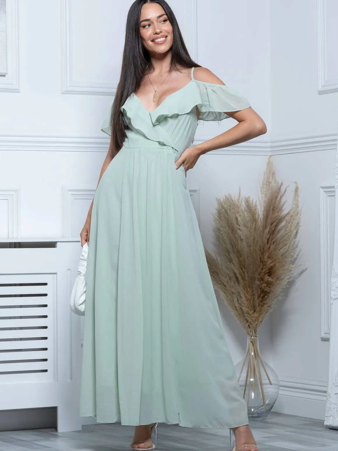 Spaghetti-Strap Ruffle Maxi Dress, Mist