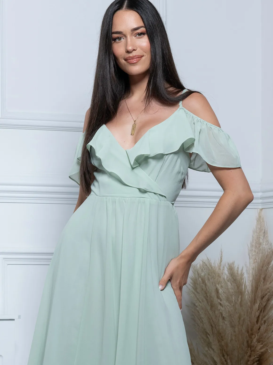 Spaghetti-Strap Ruffle Maxi Dress, Mist