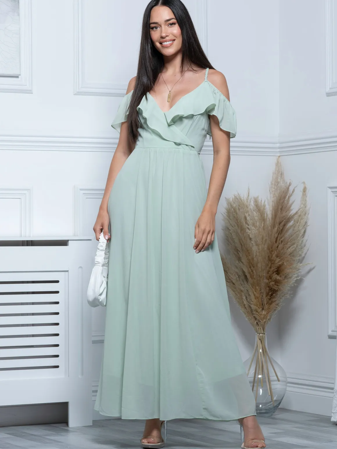 Spaghetti-Strap Ruffle Maxi Dress, Mist
