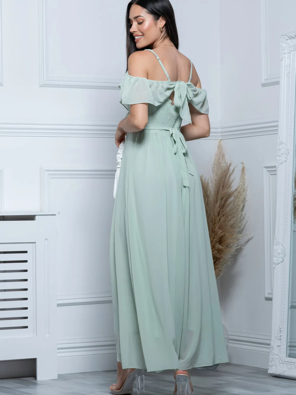 Spaghetti-Strap Ruffle Maxi Dress, Mist