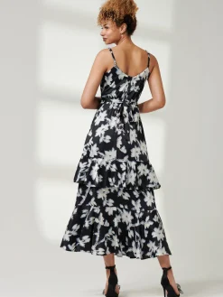 Spaghetti Strap Satin Maxi Dress, Black Floral