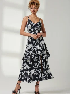 Spaghetti Strap Satin Maxi Dress, Black Floral