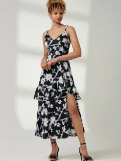 Spaghetti Strap Satin Maxi Dress, Black Floral