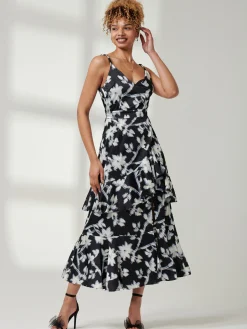 Spaghetti Strap Satin Maxi Dress, Black Floral