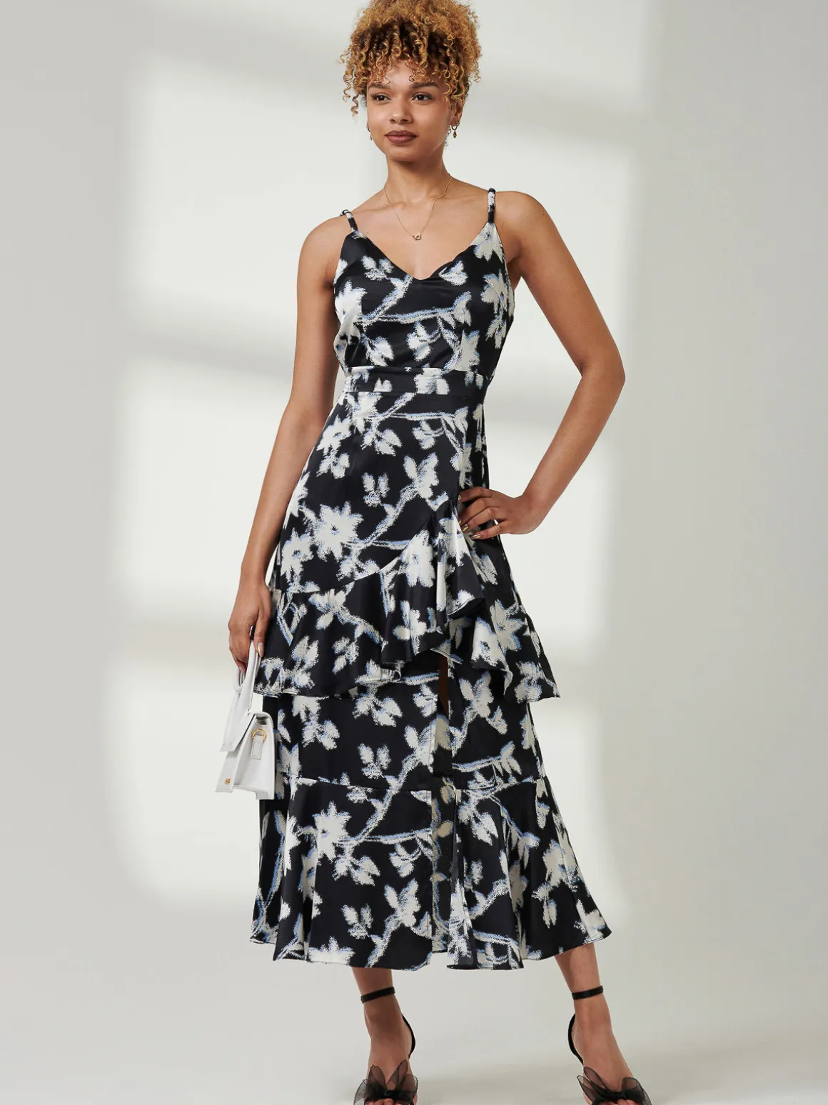 Spaghetti Strap Satin Maxi Dress, Black Floral
