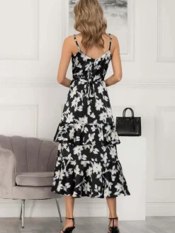 Spaghetti Strap Satin Maxi Dress, Black Floral