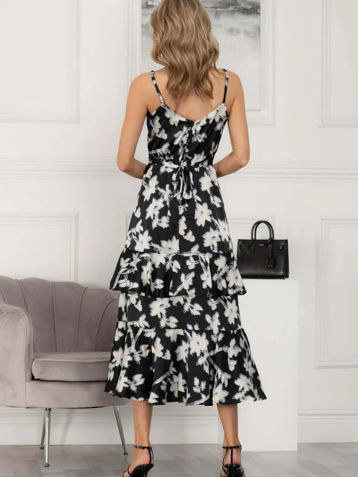 Spaghetti Strap Satin Maxi Dress, Black Floral