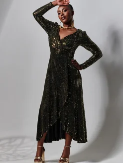 Sparkly Glitter Wrap Flare Maxi Dress, Gold
