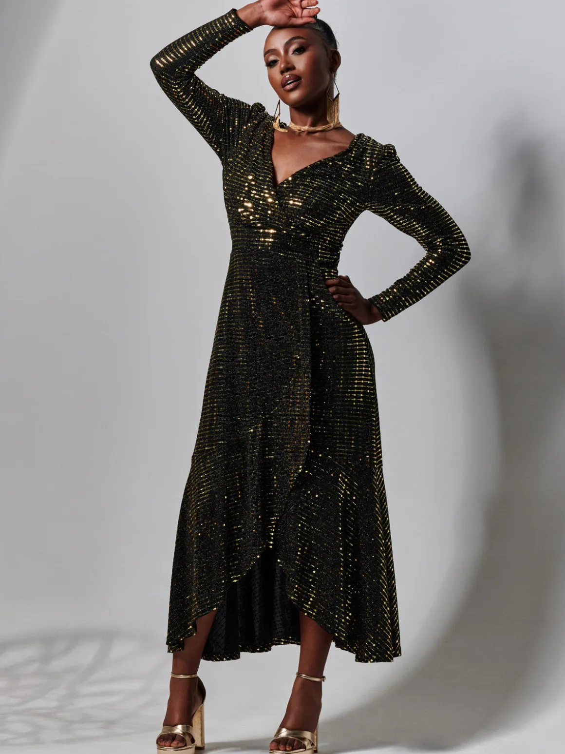 Sparkly Glitter Wrap Flare Maxi Dress, Gold