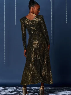 Sparkly Glitter Wrap Flare Maxi Dress, Gold