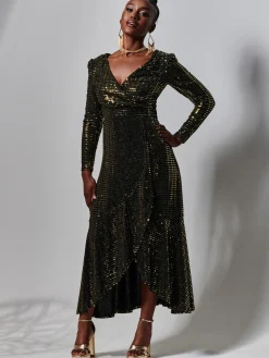 Sparkly Glitter Wrap Flare Maxi Dress, Gold