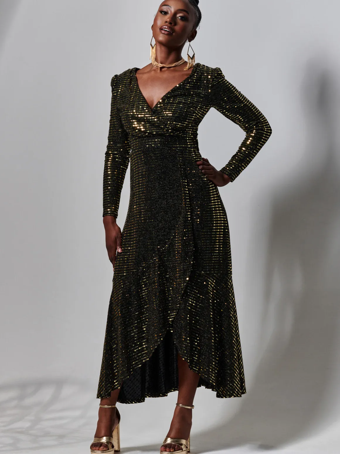Sparkly Glitter Wrap Flare Maxi Dress, Gold