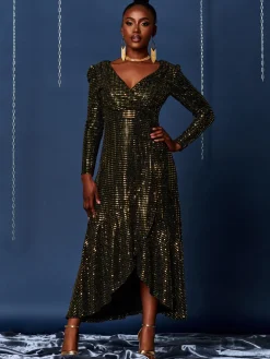 Sparkly Glitter Wrap Flare Maxi Dress, Gold