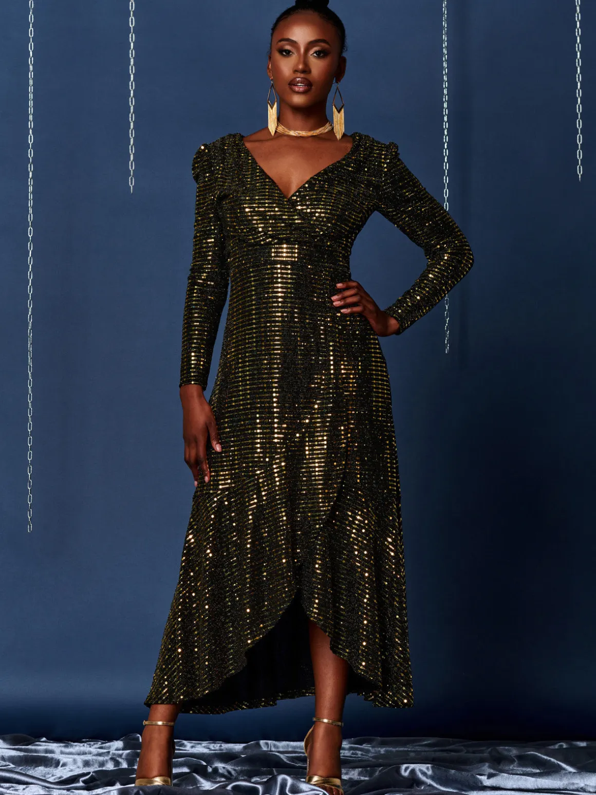 Sparkly Glitter Wrap Flare Maxi Dress, Gold