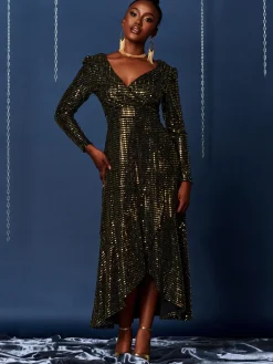 Sparkly Glitter Wrap Flare Maxi Dress, Gold