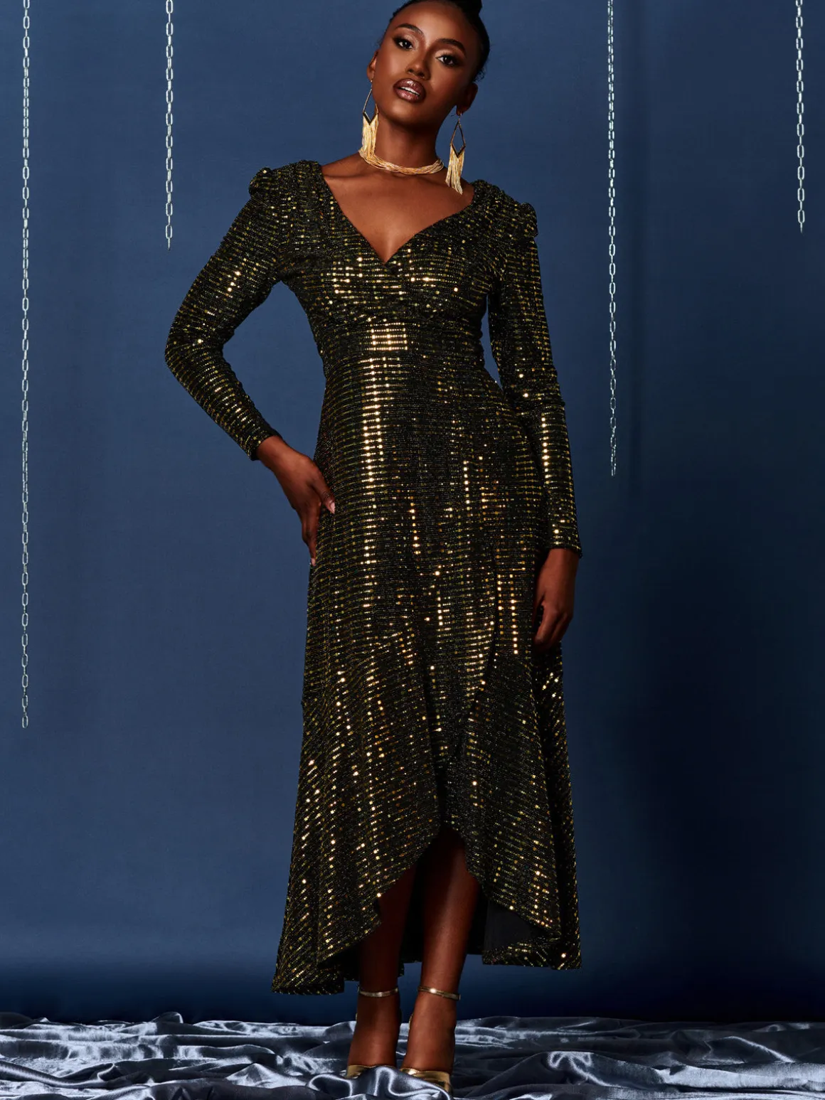 Sparkly Glitter Wrap Flare Maxi Dress, Gold