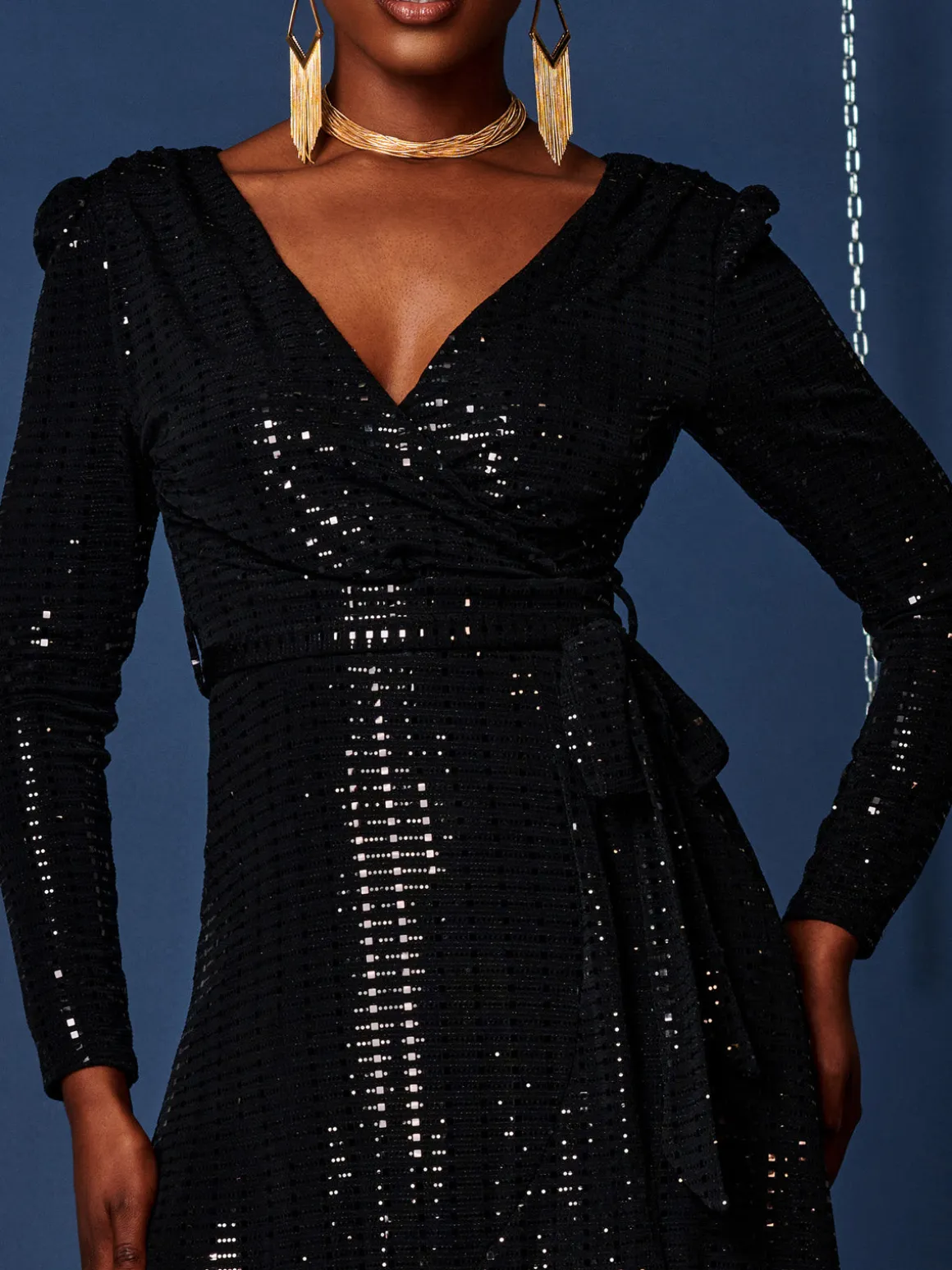 Sparkly Wrap Frill Hem Maxi Dress, Black