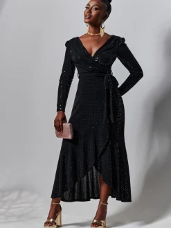 Sparkly Wrap Frill Hem Maxi Dress, Black