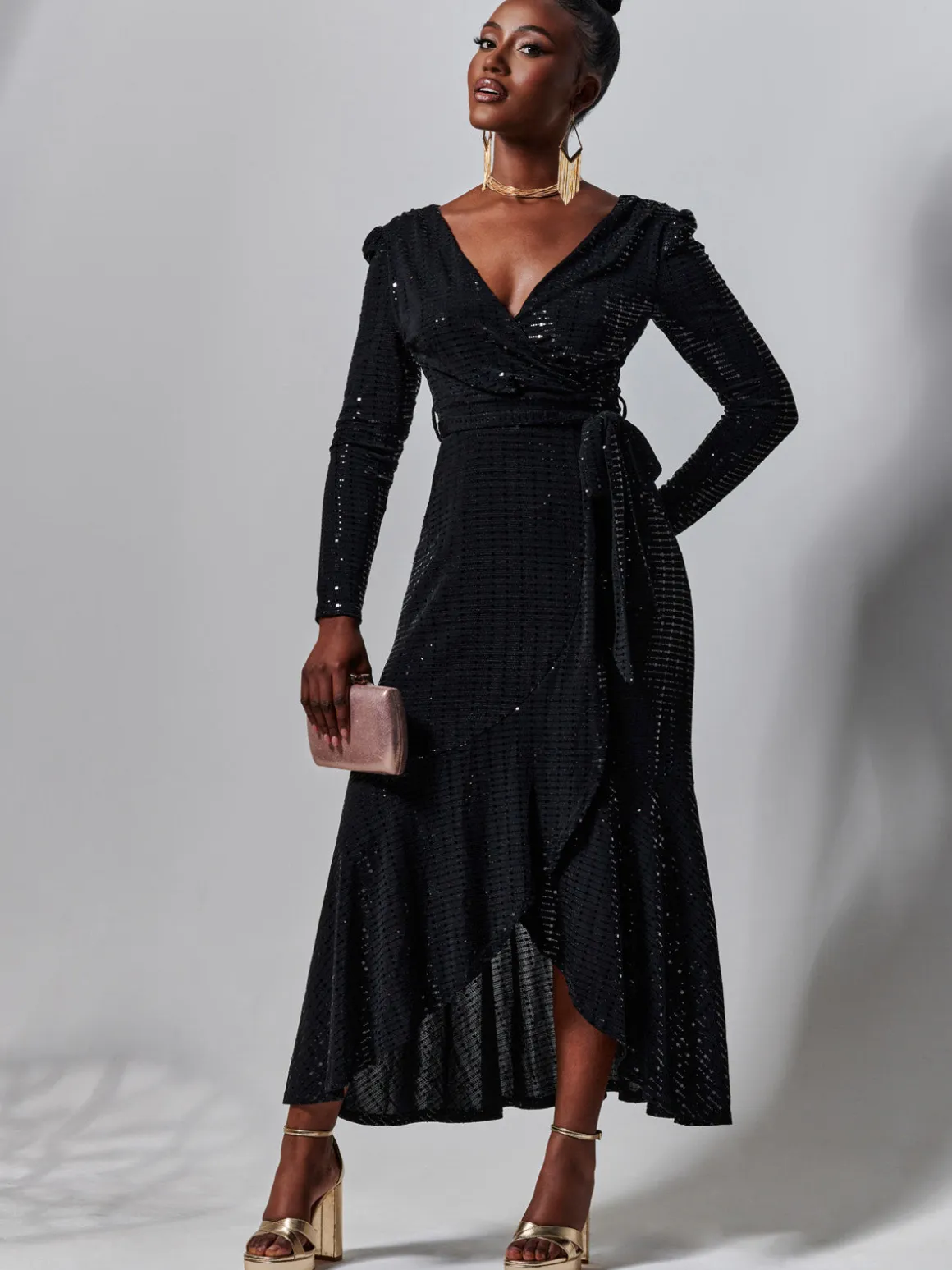Sparkly Wrap Frill Hem Maxi Dress, Black