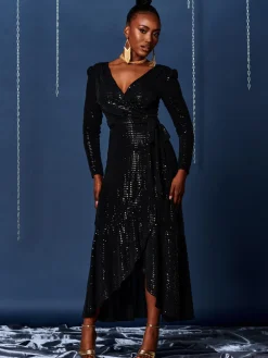 Sparkly Wrap Frill Hem Maxi Dress, Black