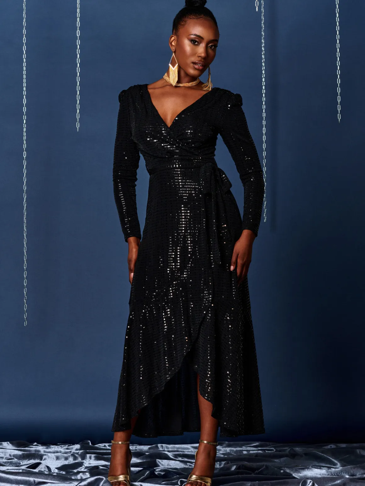 Sparkly Wrap Frill Hem Maxi Dress, Black