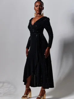 Sparkly Wrap Frill Hem Maxi Dress, Black