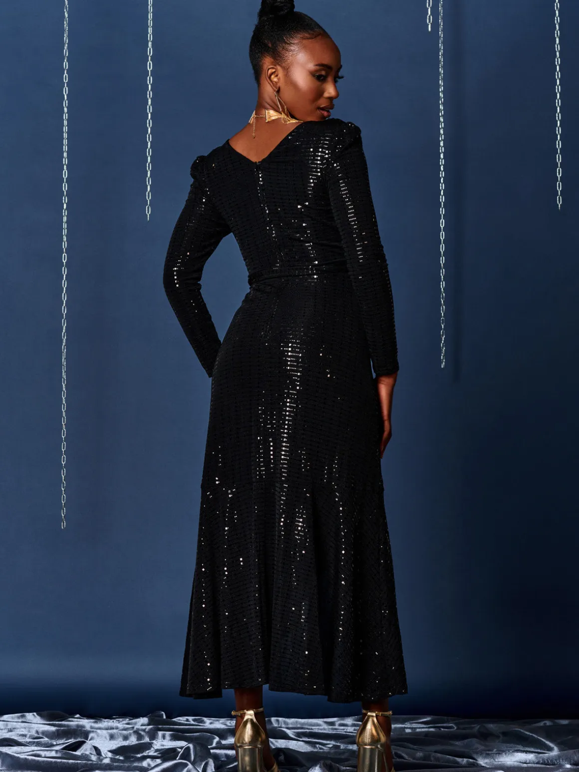 Sparkly Wrap Frill Hem Maxi Dress, Black