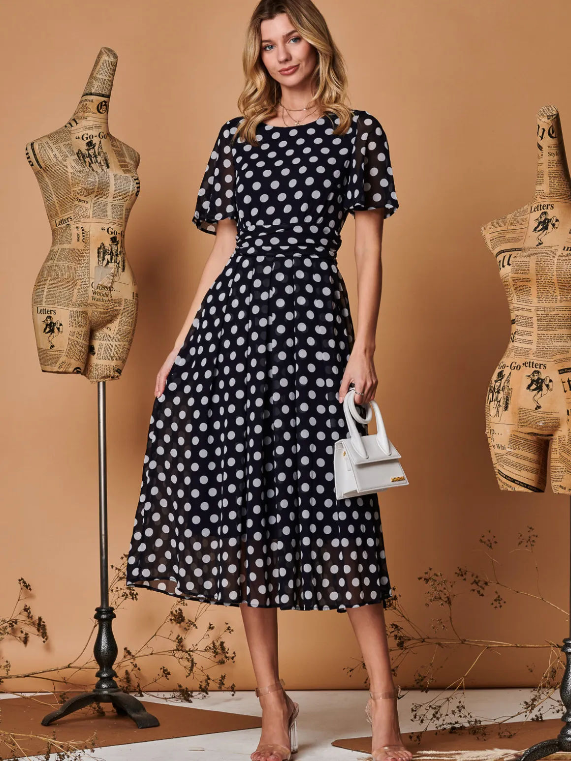 Spot Print Chiffon Maxi Dress, Navy Spot