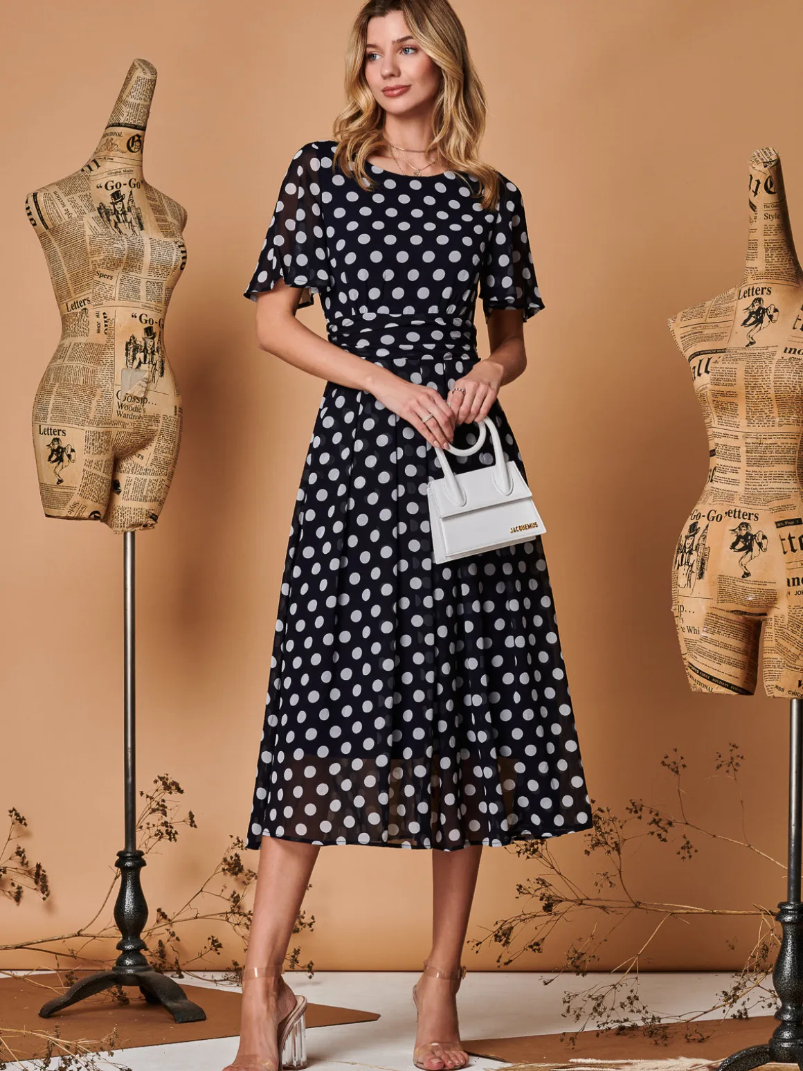 Spot Print Chiffon Maxi Dress, Navy Spot