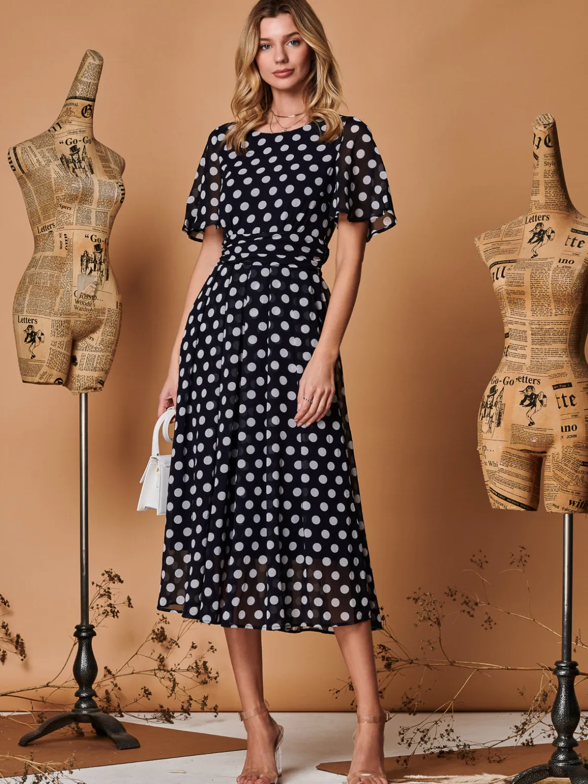 Spot Print Chiffon Maxi Dress, Navy Spot