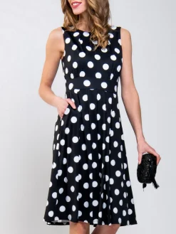 Spotty Printed Round Neck Jersey Dress, Black Spot