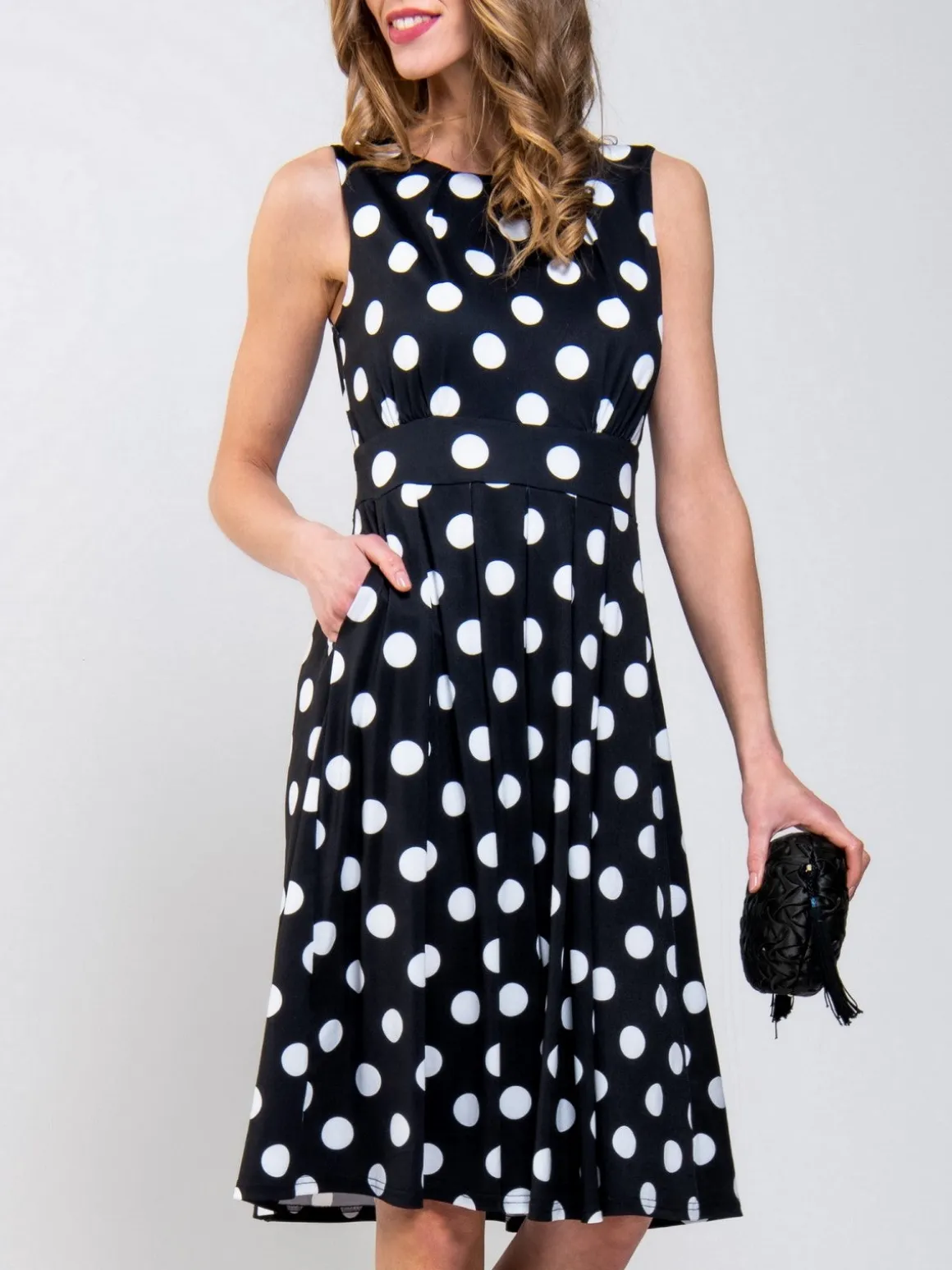 Spotty Printed Round Neck Jersey Dress, Black Spot
