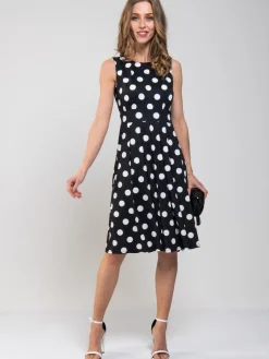 Spotty Printed Round Neck Jersey Dress, Black Spot